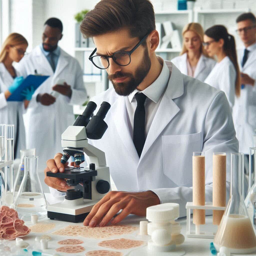un doctor investigando el colágeno